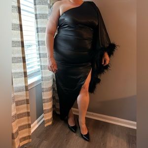 Off the shoulder dress with slit.